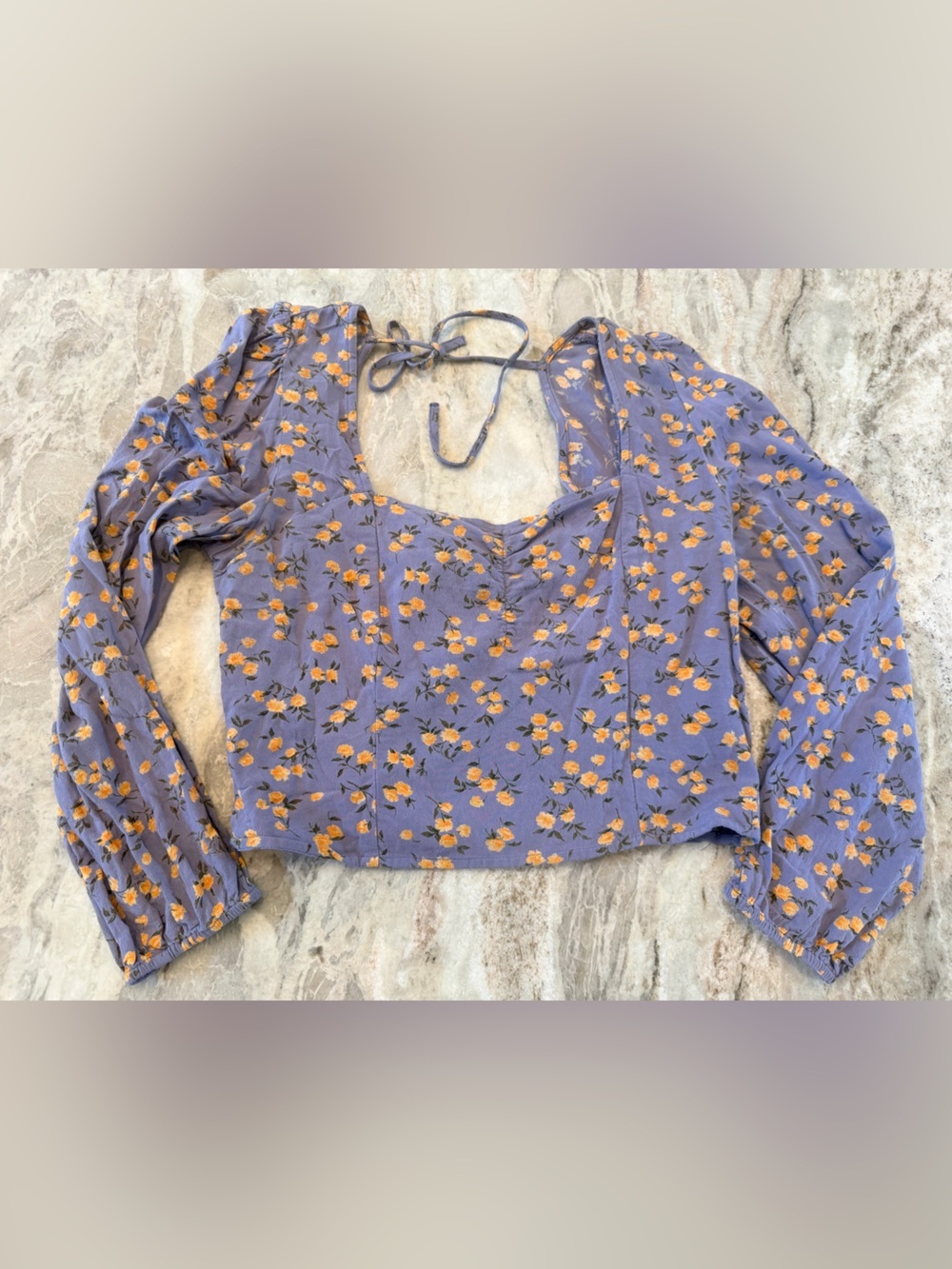 American Eagle Medium Blue Floral Tie Front Crop Top Puff Sleeve Boho